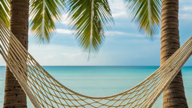 A serene hammock sways between palm trees, overlooking a tranquil beach and calm turquoise waters under a clear sky.