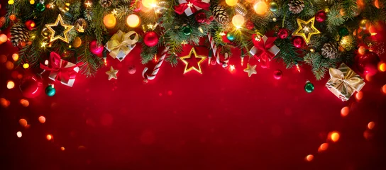 Fototapete Rund Musik Christmas Red - Fir Branches With Ball And Glittering Lights In Winter Background - Decorations For Holiday  © Romolo Tavani