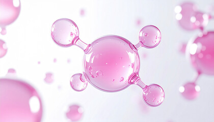 光に包まれた透明なピンクの球体が浮かぶ、美しく幻想的な3D分子構造のイメージ。柔らかな輝きと透明感が上質なスキンケア・美容・科学を象徴する高精細なビジュアル。／
Beautiful 3D visualization of translucent pink molecular spheres glowing with soft light, symbolizing luxury skincare.