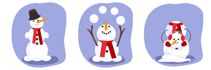 Cute set of three snowmen in different poses — smiling, juggling snowballs, and holding their own head. Fun winter illustration for Christmas cards, children’s design, and festive decor.