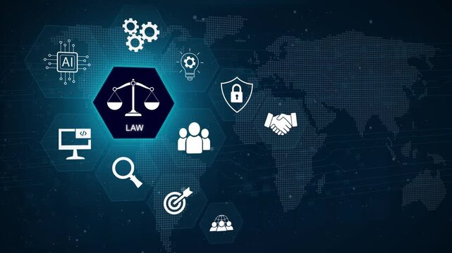 Business, Technology, Internet and network concept. Law. 3D dark blue background 4k animation