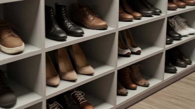 A closet shelf displays a collection of shoes including heels, sneakers, boots, and casual footwear in a variety of styles and colors