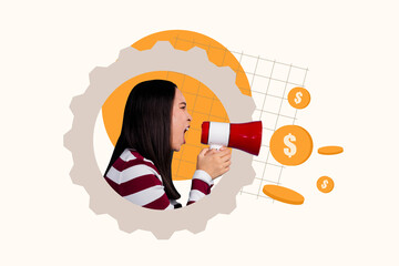 Contemporary art pop image collage of angry girl business boss scream megaphone strike coin dollar...
