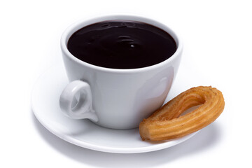 Hot thick chocolate in a white cup with churros isolated on white background
