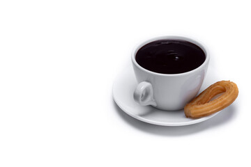 Hot thick chocolate in a white cup with churros isolated on white background. Copy space