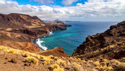 Fototapeta premium Desert landscape converges with ocean along a rugged coastal area