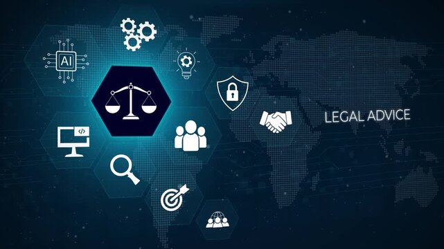 Business, Technology, Internet and network concept. Labor law, Lawyer, Attorney at law, Legal advice concept on virtual screen. 3D dark blue background 4k animation