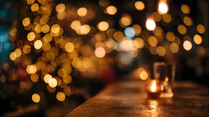 Soft focus bokeh lights and a glowing candle on a wooden table create a warm festive and cozy atmosphere