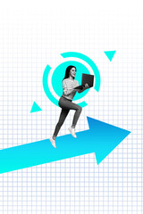 Creative 3d pop poster trendy collage photo of happy businesswoman surf laptop run arrow...