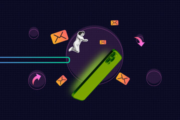 Trendy pop creative art collage of happy girl jump phone letter notification speech networking...