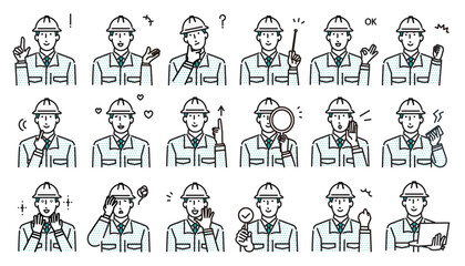 ビジネスパーソンー作業服の男性アバターー上半身ーオシャレアイコンセットシンプルベクターイラスト素材