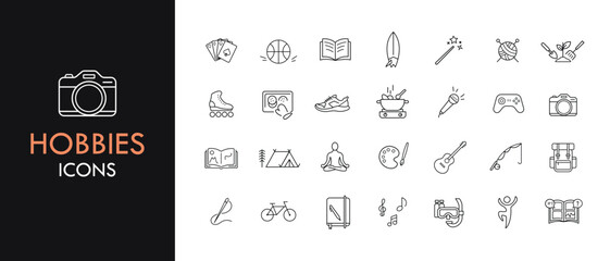 Hobbies line icon set, outline web icon collection containing Camera, Guitar, Book and more, vector illustration in line style.