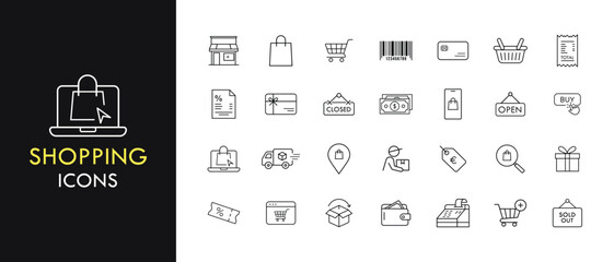 Shopping line icon set, outline web icon collection containing Cart, Bag, Tag and more, vector illustration in line style.