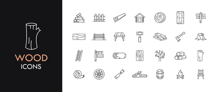Wood line icon set, outline web icon collection containing Log, Tree, Saw and more, vector illustration in line style.