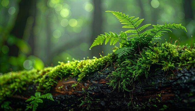 Close-up of moss and ferns growing on a damp forest log in a shaded temperate rainforest with soft diffused light