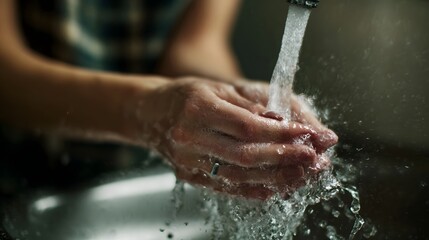 Close up of hands being washed under clean running water from a faucet emphasizing hygiene and purity