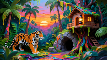 Fototapeta premium Tiger in forest drip art