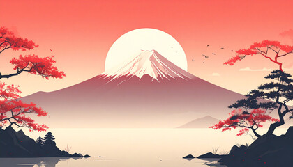 朝日に照らされた富士山をモチーフにした和風背景。赤と橙のグラデーションが美しい日本らしい風景。新年や年賀状、観光、伝統文化、希望を象徴するデザイン素材。