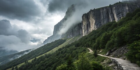 Steep mountain cliffs with a winding road and misty atmosphere in a green landscape rock nature