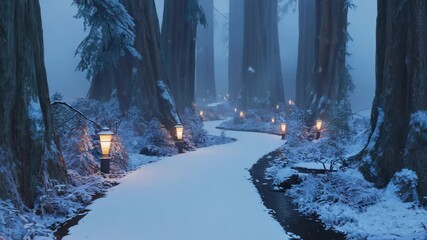 Serene winter path illuminated by lanterns in a snowy forest - Powered by Adobe
