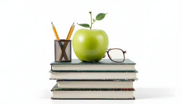 Stack of books with green apple, eyeglasses, and pencils on white background symbolizing education, knowledge, learning, and academic success in a clean and minimalistic composition
