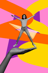 Banner image poster collage of happy girl jump human palm dance friday mood paper plane icon disco...