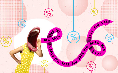 Creativity art collage of a woman announcing big sales on a pink paper background.