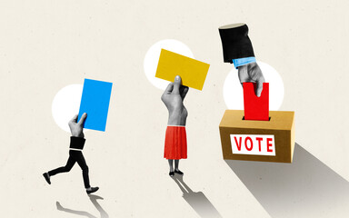 A hand inserts a ballot into a ballot box. Creative art collage.
