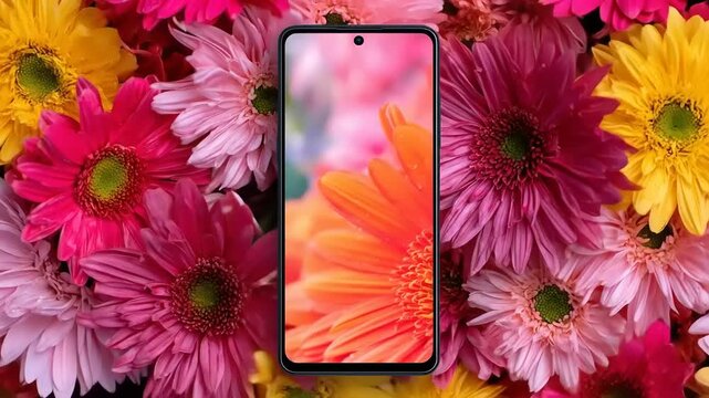 Floral smartphone display showcasing gerbera amidst vibrant multicolored daisy bloom background