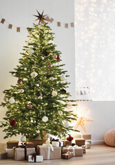 Stylish christmas living room interior with christmas tree, stars, gifts and decoration, Minimal xmas interior design template, Winter holiday home decor