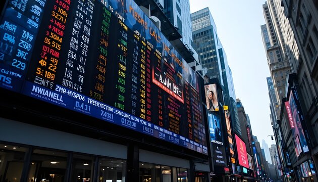 Stock Market Ticker Display on Urban City Street with Financial Data, Indices, and Stock Prices on LED Screen in Business District, Concept of Economy, Trading, and Global Finance