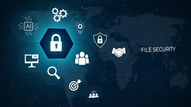 Business, Technology, Internet and network security. File security. 3D dark blue background 4k animation