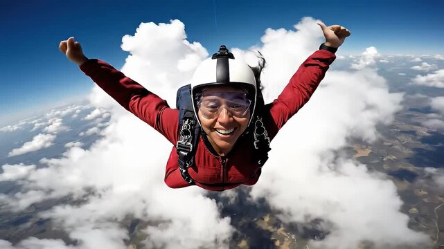 Skydiver smiling during freefall above clouds. Woman giving thumbs up gesture while enjoying extreme sport. Panning and tilting camera movement.
