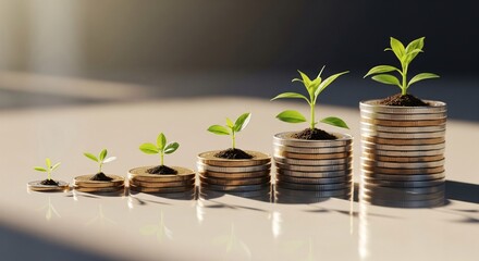 Saplings with roots on coin steps, symbolizing steady secure growth