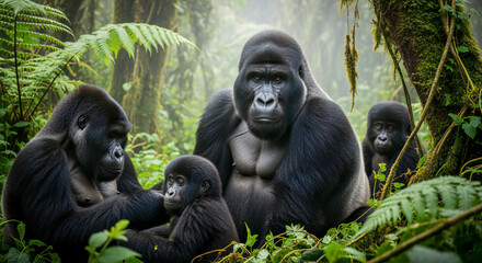 A majestic silverback mountain gorilla gazes protectively over its family in a lush green forest.