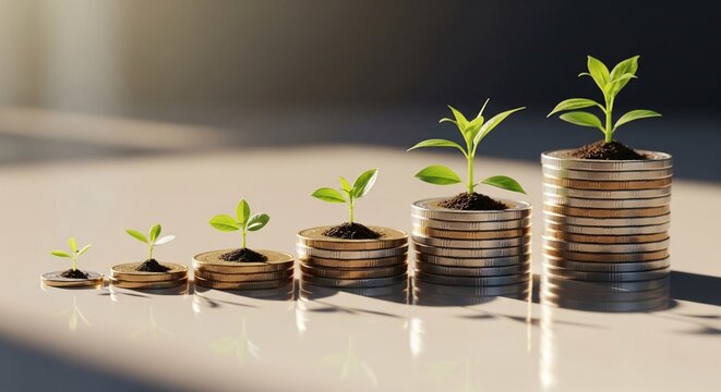 Saplings with roots on coin steps, symbolizing steady secure growth