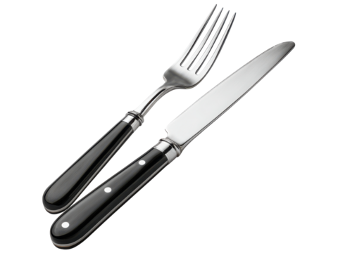 Polished silverware fork and knife with dark handles cutlery dining, Isolated, Png Transparent Background