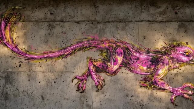 Abstract depiction of a fantasy creature with reptilian and avian features, artistic rendition on