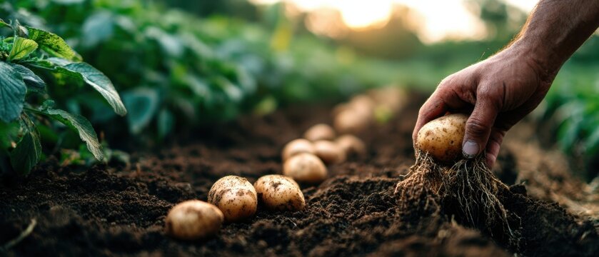 The potato harvest: a farmer pulling fresh potatoes from sunlit organic garden soil