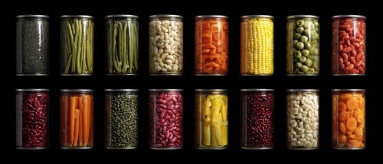 The jars of colorful preserved vegetables and legumes arranged on black background
