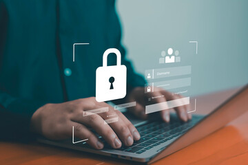 Cybersecurity login concept showing digital padlock icon with username password form, symbolizing...