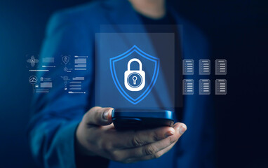 Mobile cybersecurity and data protection concept showing digital lock shield icon with AI...