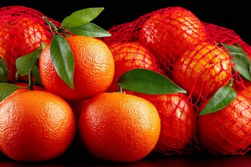 Fresh tangerines with green leaves in net bag