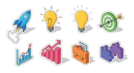 Creative sticker icons: business and innovation elements in vibrant colors