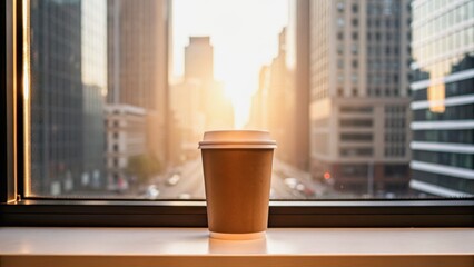A coffee cup sits on a windowsill, framed by a city skyline at sunset, casting a warm glow over the street below.