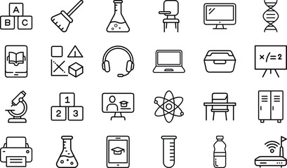 Education and Science Line Icons Set – School, STEM, Laboratory, E-learning, and Study Equipment Outline Vector Pack for Teachers, Students, Online Courses, and Academic Infographics Design