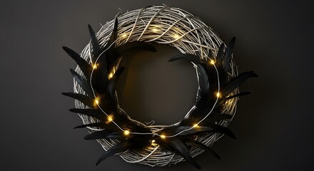 Elegant feather and twig wreath adorned with glowing string lights on a dark background, top view with copy space.