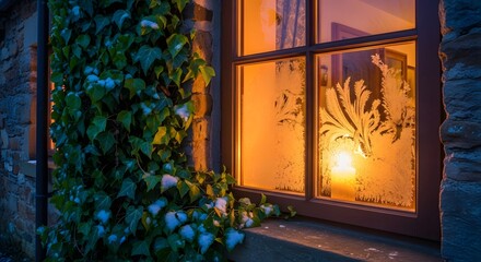Frosted window with warm light inside and snow-dusted ivy on an exterior stone wall at dusk.