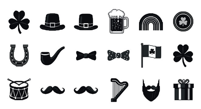 St. patrick's day black and white icon set featuring traditional symbols and festive elements