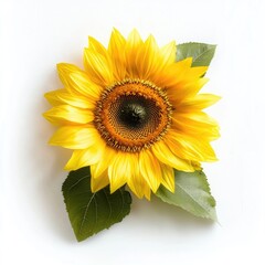 Obraz premium Bright and Vibrant Sunflower with Green Leaves against a White Background for Nature and Floral Imagery